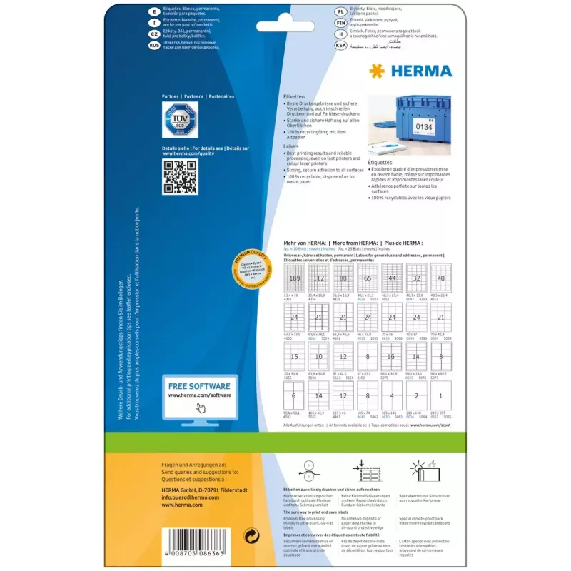 Etichette per stampante autoadesive HERMA Labels Premium A4 210x148 mm