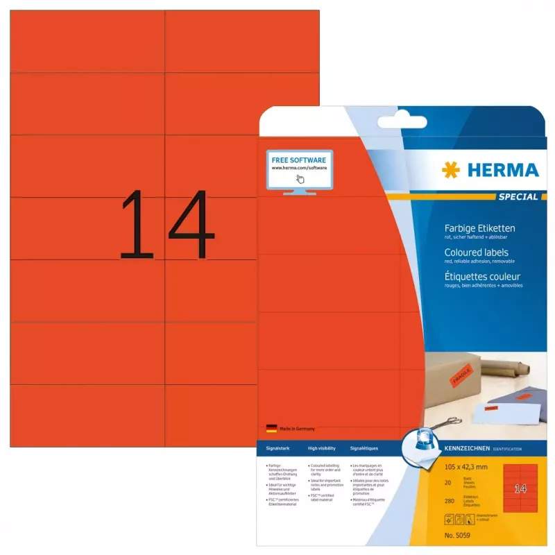 Etichette per stampante autoadesive HERMA etichette colorate A4 105x42,3 mm rosso