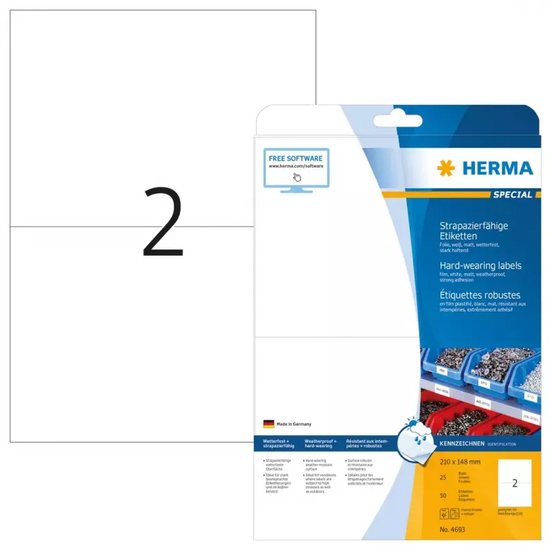Etichetta per stampante autoadesiva HERMA Labels resistente A4 210x148 mm