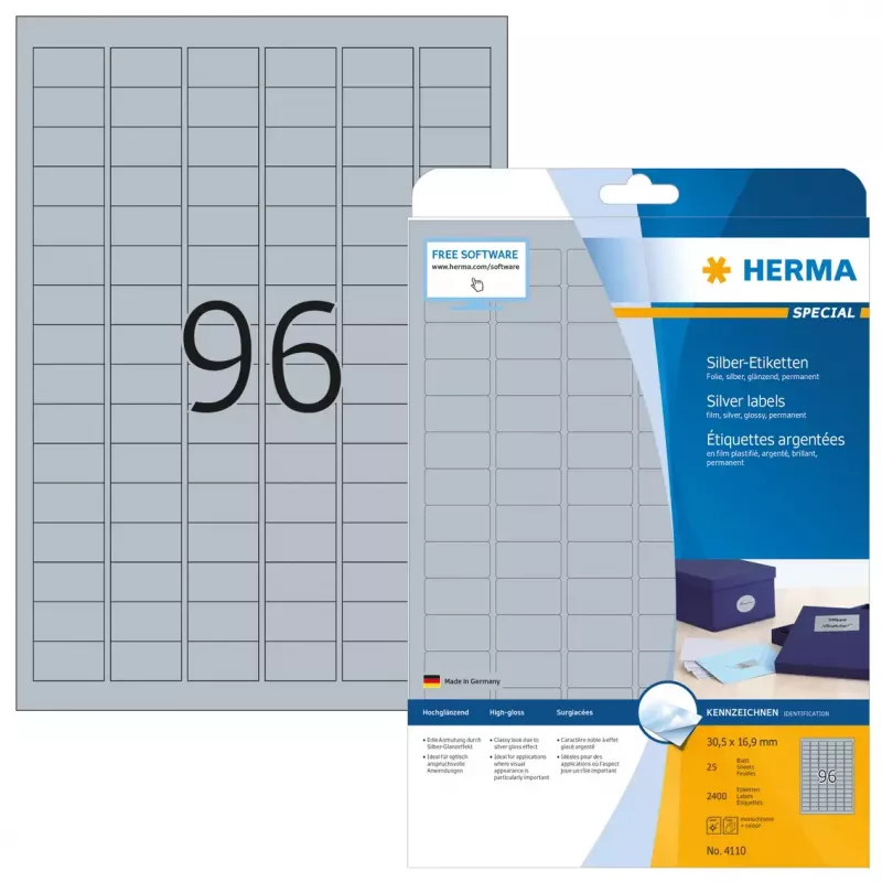 Etichette per stampante autoadesive HERMA Labels A4 30,5x16,9 mm argento pellicola lucida 2400 pezzi