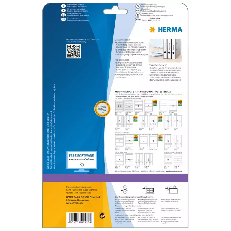 Etichette per fascicoli HERMA A4 38x297 mm bianco carta opaca coprente 125 pezzi
