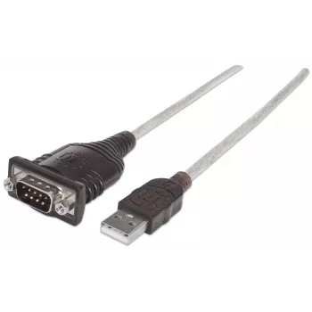 Cavo convertitore Manhattan USB-A a seriale, 45 cm, connettore maschio su connettore maschio, seriale/RS232/COM/DB9, chip FTDI FT232RL, compatibile Windows 11 (e sistemi operativi precedenti), cavo nero/argento, tre anni di garanzia, conforme a ICUSB2321F.