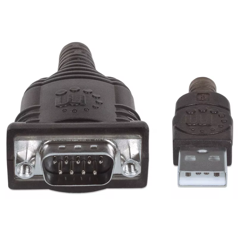 Cavo convertitore Manhattan USB-A a seriale, 45 cm, connettore maschio su connettore maschio, seriale/RS232/COM/DB9, chip FTDI FT232RL, compatibile Windows 11 (e sistemi operativi precedenti), cavo nero/argento, tre anni di garanzia, conforme a ICUSB2321F.