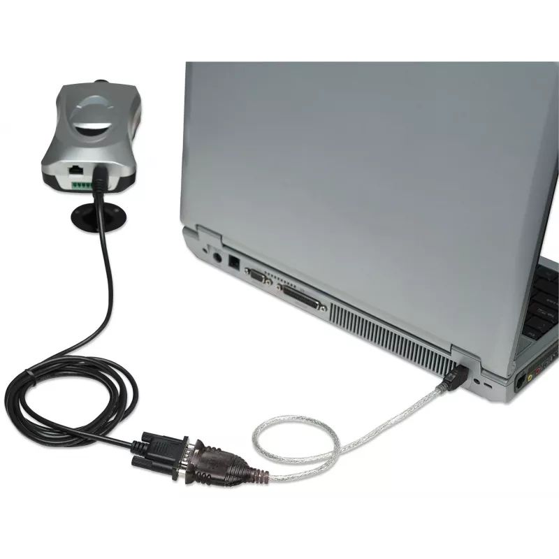 Cavo convertitore Manhattan USB-A a seriale, 45 cm, connettore maschio su connettore maschio, seriale/RS232/COM/DB9, chip FTDI FT232RL, compatibile Windows 11 (e sistemi operativi precedenti), cavo nero/argento, tre anni di garanzia, conforme a ICUSB2321F.