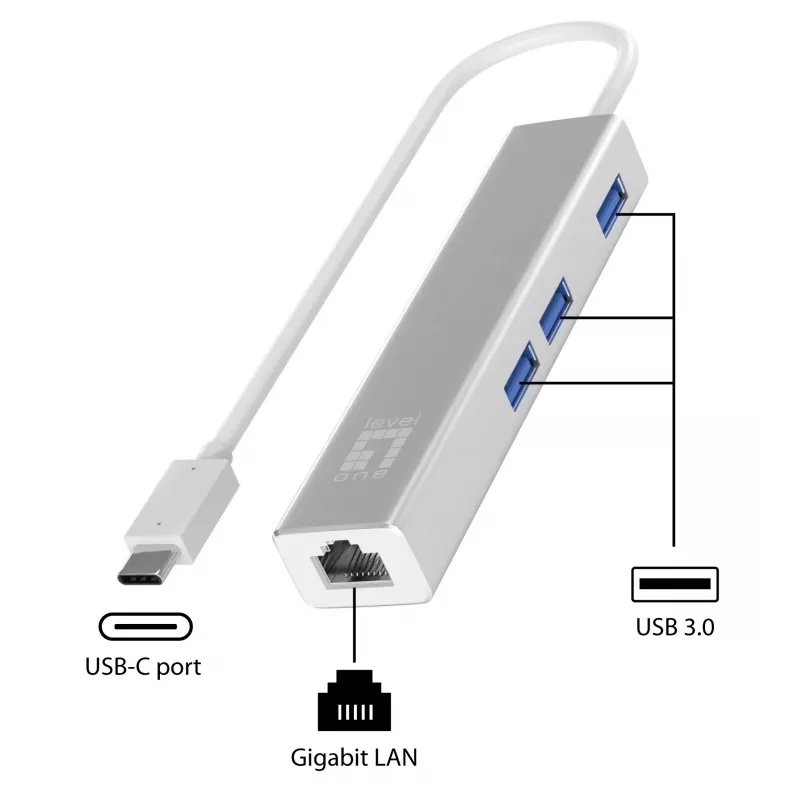 Adattatore di rete LevelOne Gigabit USB-C con hub USB, cablato, USB Type-C, Ethernet, 1000 Mbit/s, argento