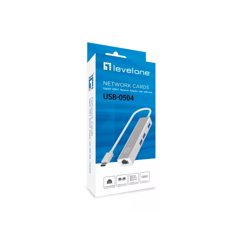 Adattatore di rete LevelOne Gigabit USB-C con hub USB, cablato, USB Type-C, Ethernet, 1000 Mbit/s, argento