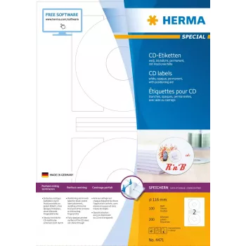 Etichette per CD HERMA A4 Ø 116 mm carta bianca opaca coprente 200 pezzi