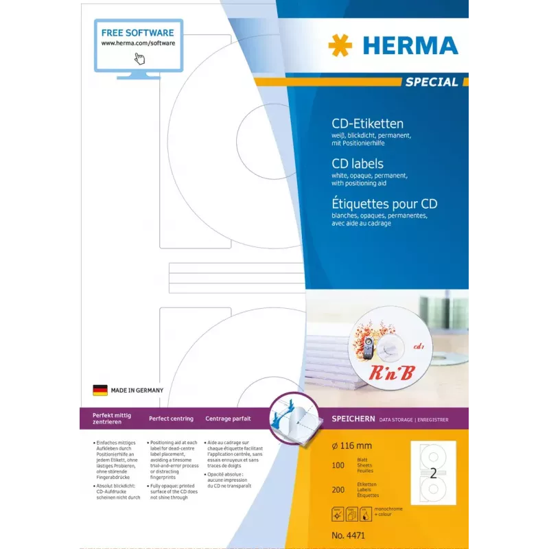 Etichette per CD HERMA A4 Ø 116 mm carta bianca opaca coprente 200 pezzi