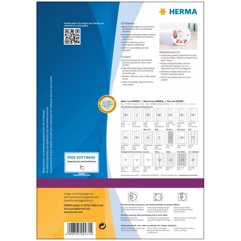 Etichette per CD HERMA A4 Ø 116 mm carta bianca opaca coprente 200 pezzi
