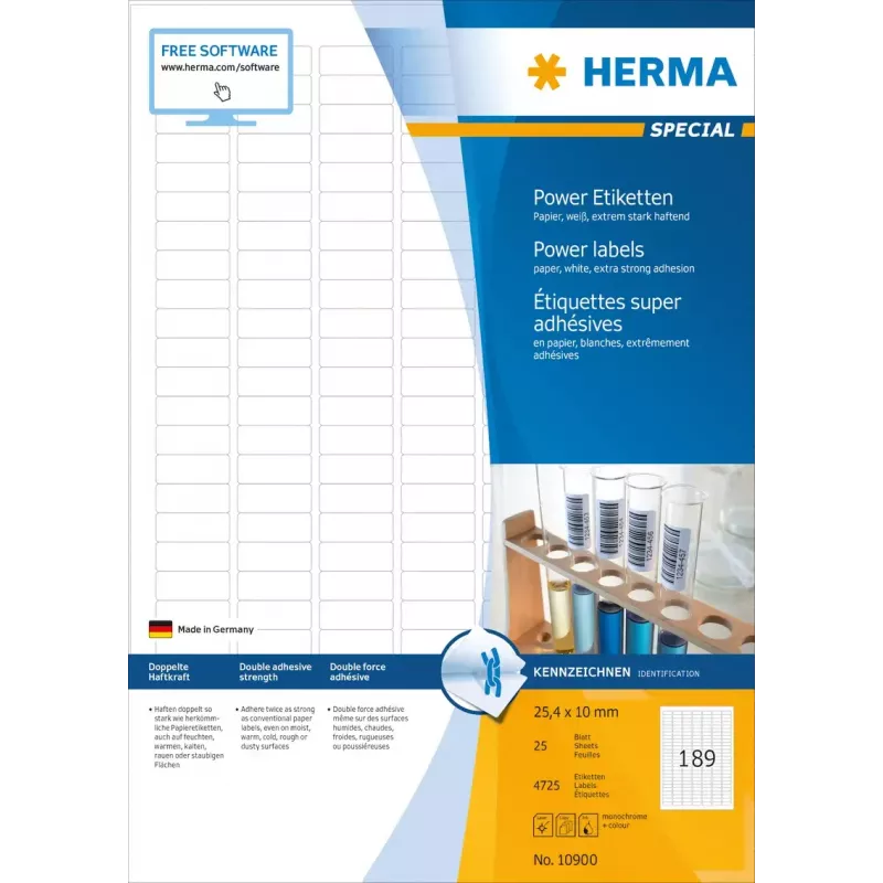 Etichette autoadesive per stampante HERMA Labels A4 25,4x10 mm bianco adesione extra forte carta opaca 4725 pz.