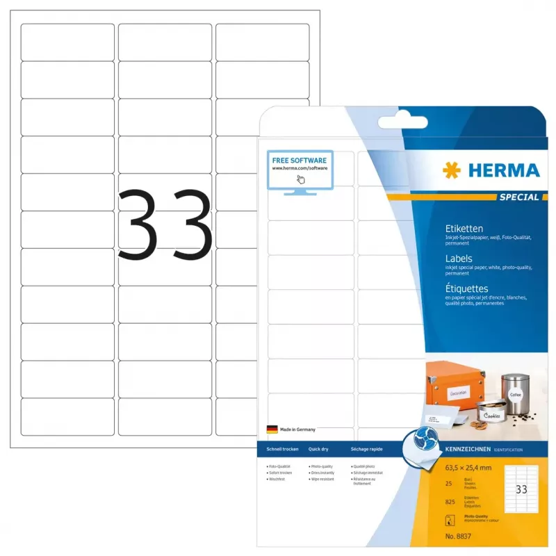 Etichette a getto d'inchiostro HERMA A4 63,5x25,4 mm 825 pz.