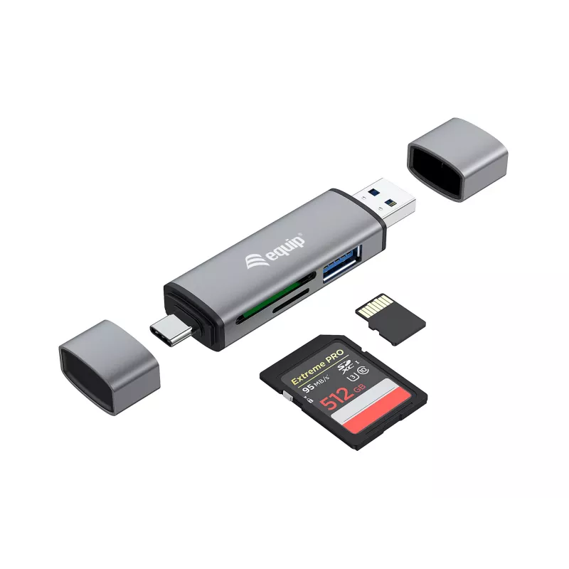 Equip Lettore di schede con hub USB 3.0, OTG, MicroSD (TransFlash), MicroSDHC, SD, SDHC, grigio, CE & RoHS, USB 3.2 Gen 1 (3.1 Gen 1) Type-A/Type-C, 202 mm, 12 mm