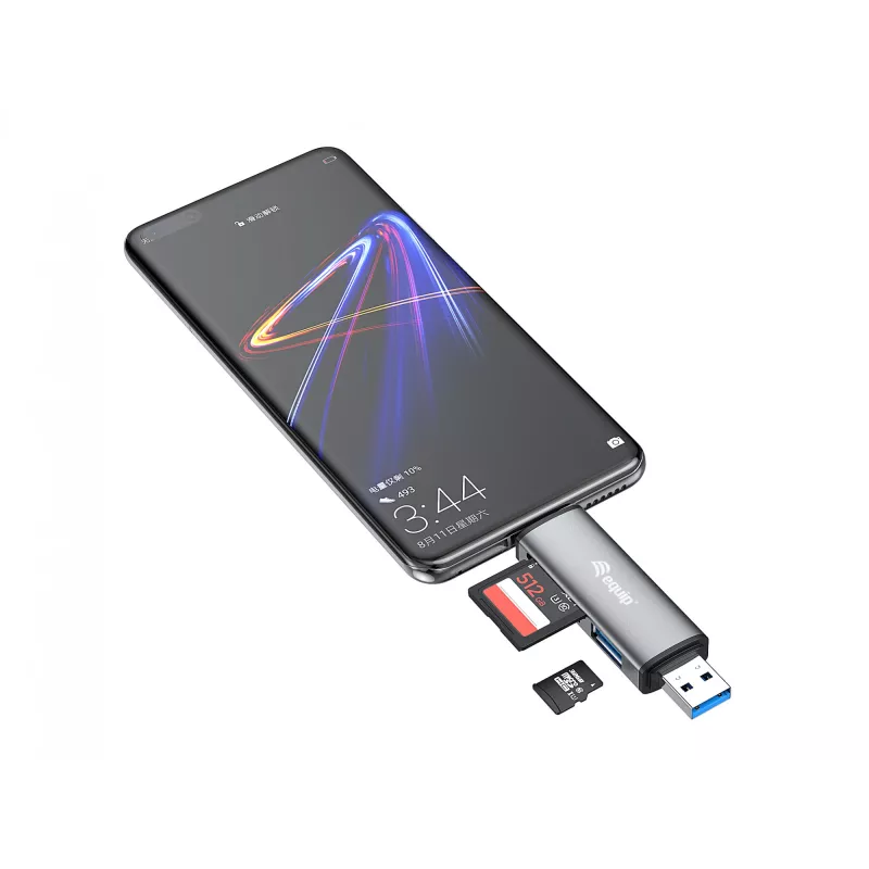 Equip Lettore di schede con hub USB 3.0, OTG, MicroSD (TransFlash), MicroSDHC, SD, SDHC, grigio, CE & RoHS, USB 3.2 Gen 1 (3.1 Gen 1) Type-A/Type-C, 202 mm, 12 mm