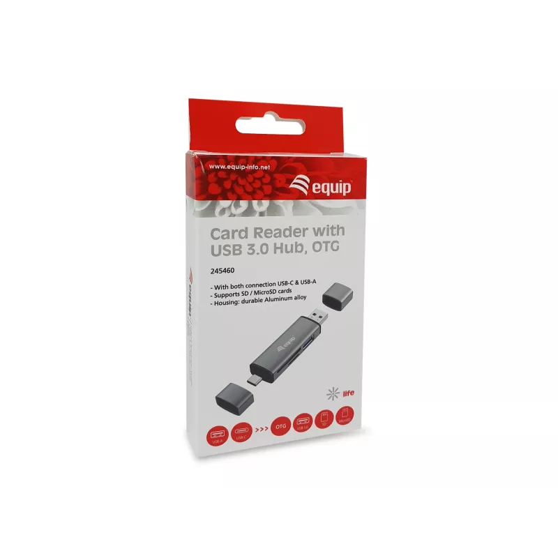 Equip Lettore di schede con hub USB 3.0, OTG, MicroSD (TransFlash), MicroSDHC, SD, SDHC, grigio, CE & RoHS, USB 3.2 Gen 1 (3.1 Gen 1) Type-A/Type-C, 202 mm, 12 mm