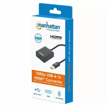 Manhattan Cavo USB-A a HDMI, 1080p@60Hz, converte il segnale USB 3.2 Gen1 (noto anche come USB 3.0) in HDMI, 15 cm, nero, connettore maschio su connettore femmina, tre anni di garanzia