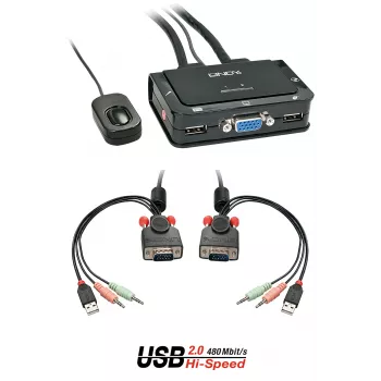 Lindy switch KVM 2 porte VGA, USB 2.0 e audio con cavi