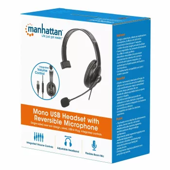 Manhattan headset mono over-ear (USB), microfono boom reversibile (imbottito), confezione retail, controllo volume/muto in-line, cuscinetto auricolare imbottito, USB-A per audio e microfono, cavo 2 m, tre anni di garanzia