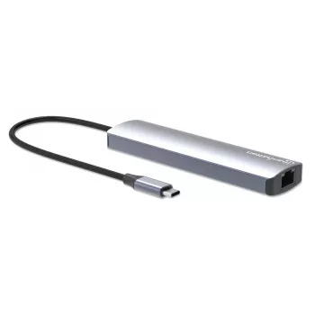 Manhattan dock/hub USB-C, porte (x6): Ethernet, HDMI, USB-A (x3) e USB-C, con Power Delivery (PD) 100W – richiede caricabatterie USB-C esterno (non incluso). Alimentato via USB (nessun alimentatore esterno necessario) quando PD non viene utilizzato