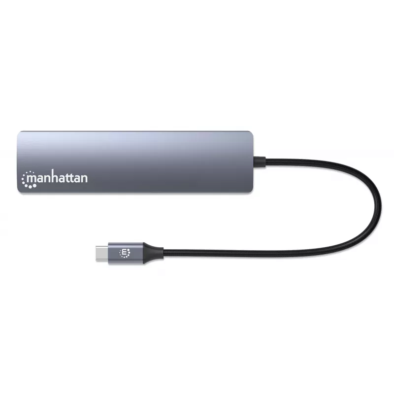 Manhattan dock/hub USB-C, porte (x6): Ethernet, HDMI, USB-A (x3) e USB-C, con Power Delivery (PD) 100W – richiede caricabatterie USB-C esterno (non incluso). Alimentato via USB (nessun alimentatore esterno necessario) quando PD non viene utilizzato