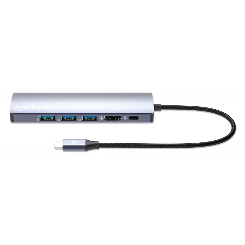 Manhattan dock/hub USB-C, porte (x6): Ethernet, HDMI, USB-A (x3) e USB-C, con Power Delivery (PD) 100W – richiede caricabatterie USB-C esterno (non incluso). Alimentato via USB (nessun alimentatore esterno necessario) quando PD non viene utilizzato