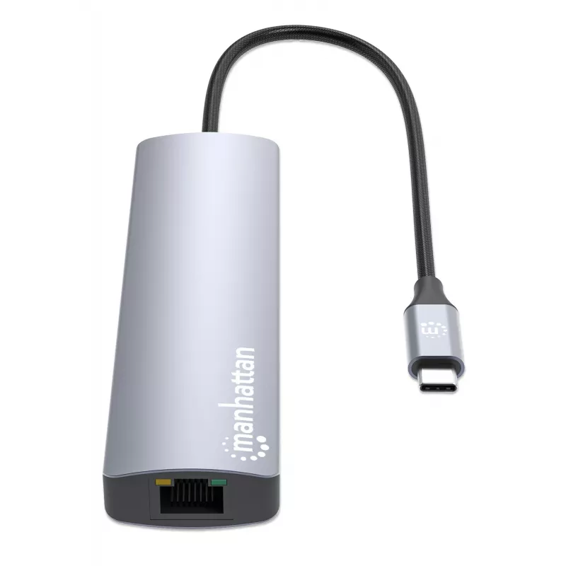 Manhattan dock/hub USB-C, porte (x6): Ethernet, HDMI, USB-A (x3) e USB-C, con Power Delivery (PD) 100W – richiede caricabatterie USB-C esterno (non incluso). Alimentato via USB (nessun alimentatore esterno necessario) quando PD non viene utilizzato