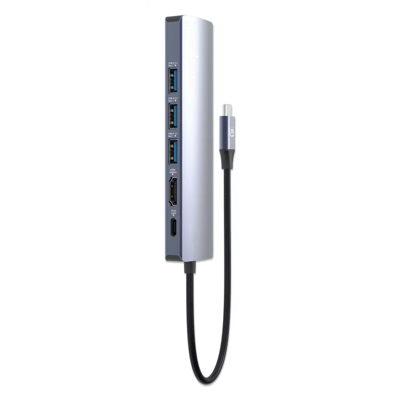 Manhattan dock/hub USB-C, porte (x6): Ethernet, HDMI, USB-A (x3) e USB-C, con Power Delivery (PD) 100W – richiede caricabatterie USB-C esterno (non incluso). Alimentato via USB (nessun alimentatore esterno necessario) quando PD non viene utilizzato