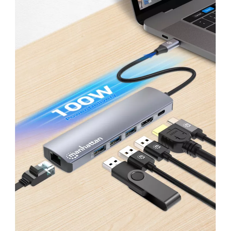 Manhattan dock/hub USB-C, porte (x6): Ethernet, HDMI, USB-A (x3) e USB-C, con Power Delivery (PD) 100W – richiede caricabatterie USB-C esterno (non incluso). Alimentato via USB (nessun alimentatore esterno necessario) quando PD non viene utilizzato