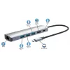 Manhattan dock/hub USB-C, porte (x6): Ethernet, HDMI, USB-A (x3) e USB-C, con Power Delivery (PD) 100W – richiede caricabatterie USB-C esterno (non incluso). Alimentato via USB (nessun alimentatore esterno necessario) quando PD non viene utilizzato