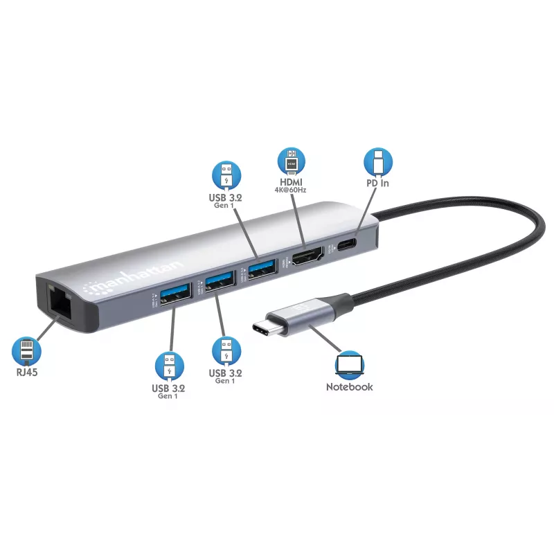 Manhattan dock/hub USB-C, porte (x6): Ethernet, HDMI, USB-A (x3) e USB-C, con Power Delivery (PD) 100W – richiede caricabatterie USB-C esterno (non incluso). Alimentato via USB (nessun alimentatore esterno necessario) quando PD non viene utilizzato