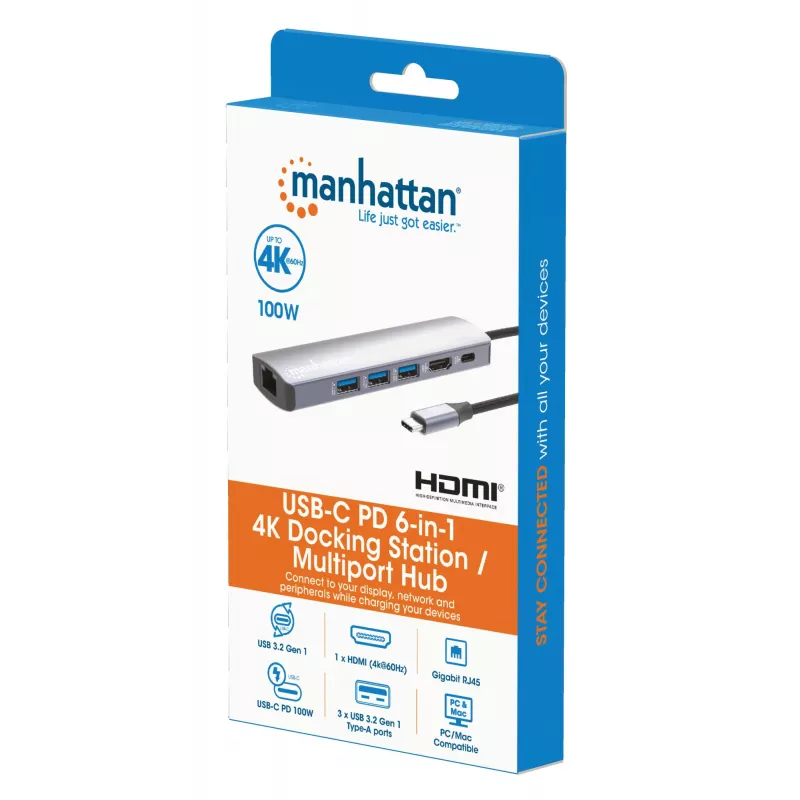 Manhattan dock/hub USB-C, porte (x6): Ethernet, HDMI, USB-A (x3) e USB-C, con Power Delivery (PD) 100W – richiede caricabatterie USB-C esterno (non incluso). Alimentato via USB (nessun alimentatore esterno necessario) quando PD non viene utilizzato