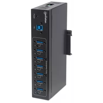 Manhattan Hub USB-A a 7 porte Industrial, 7 porte USB-A, 5 Gbps (USB 3.2 Gen1 aka USB 3.0), protezione ESD 20 kV, opzioni di alimentazione A/C, bus e morsettiera, guida DIN, montaggio a parete, case in metallo, blocco a vite