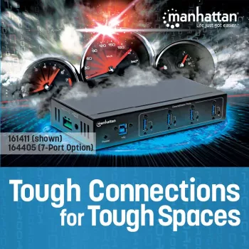 Manhattan Hub USB-A a 7 porte Industrial, 7 porte USB-A, 5 Gbps (USB 3.2 Gen1 aka USB 3.0), protezione ESD 20 kV, opzioni di alimentazione A/C, bus e morsettiera, guida DIN, montaggio a parete, case in metallo, blocco a vite
