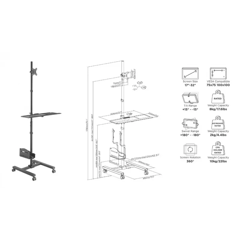 Carrello multimediale Equip 17 inch-32 inch monitor singolo postazione di lavoro mobile