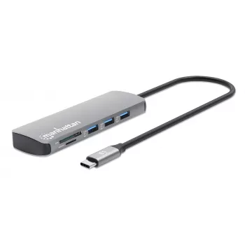 Dock/hub USB-C Manhattan con lettore di schede, porte (x7): Ethernet, HDMI, USB-A (x3) e USB-C (x2), con Power Delivery (PD) 100 W – richiede caricabatterie USB-C esterno (non incluso). Alimentato via USB (nessun alimentatore esterno necessario) quando PD non è utilizzato.