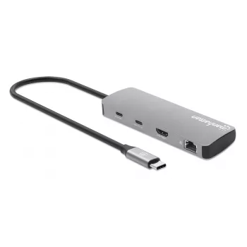 Dock/hub USB-C Manhattan con lettore di schede, porte (x7): Ethernet, HDMI, USB-A (x3) e USB-C (x2), con Power Delivery (PD) 100 W – richiede caricabatterie USB-C esterno (non incluso). Alimentato via USB (nessun alimentatore esterno necessario) quando PD non è utilizzato.