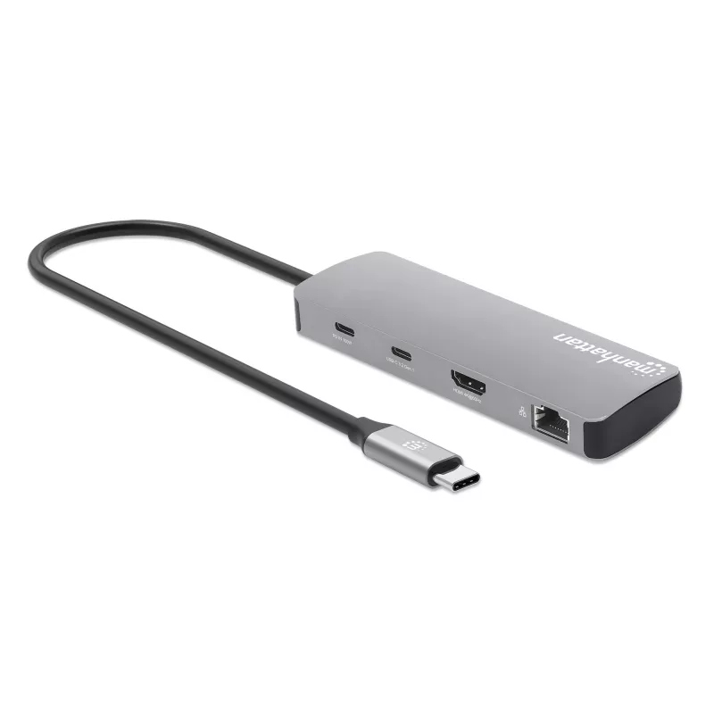 Dock/hub USB-C Manhattan con lettore di schede, porte (x7): Ethernet, HDMI, USB-A (x3) e USB-C (x2), con Power Delivery (PD) 100 W – richiede caricabatterie USB-C esterno (non incluso). Alimentato via USB (nessun alimentatore esterno necessario) quando PD non è utilizzato.