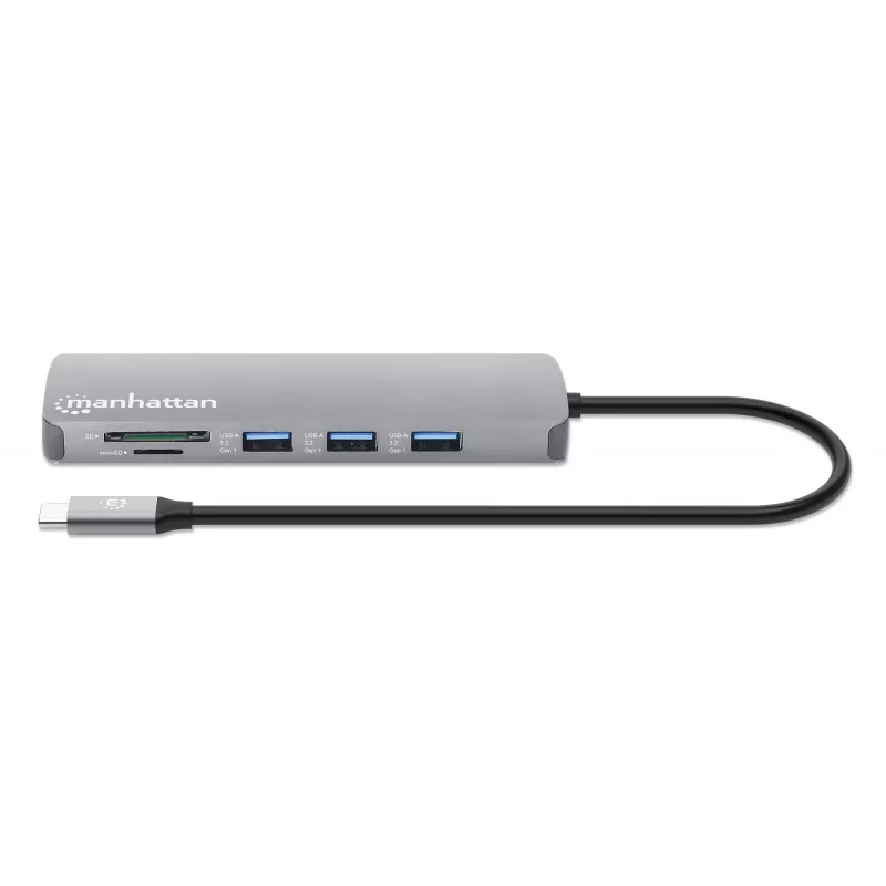 Dock/hub USB-C Manhattan con lettore di schede, porte (x7): Ethernet, HDMI, USB-A (x3) e USB-C (x2), con Power Delivery (PD) 100 W – richiede caricabatterie USB-C esterno (non incluso). Alimentato via USB (nessun alimentatore esterno necessario) quando PD non è utilizzato.