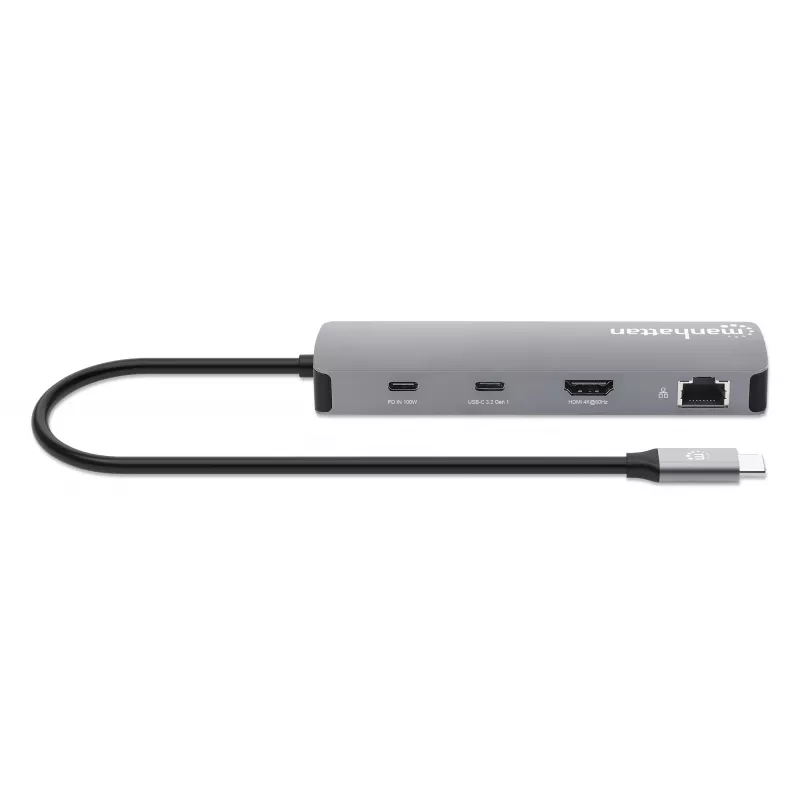 Dock/hub USB-C Manhattan con lettore di schede, porte (x7): Ethernet, HDMI, USB-A (x3) e USB-C (x2), con Power Delivery (PD) 100 W – richiede caricabatterie USB-C esterno (non incluso). Alimentato via USB (nessun alimentatore esterno necessario) quando PD non è utilizzato.