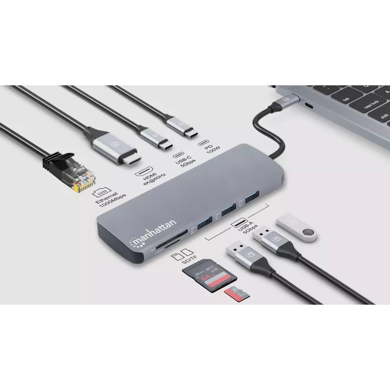 Dock/hub USB-C Manhattan con lettore di schede, porte (x7): Ethernet, HDMI, USB-A (x3) e USB-C (x2), con Power Delivery (PD) 100 W – richiede caricabatterie USB-C esterno (non incluso). Alimentato via USB (nessun alimentatore esterno necessario) quando PD non è utilizzato.