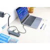 Dock/hub USB-C Manhattan con lettore di schede, porte (x7): Ethernet, HDMI, USB-A (x3) e USB-C (x2), con Power Delivery (PD) 100 W – richiede caricabatterie USB-C esterno (non incluso). Alimentato via USB (nessun alimentatore esterno necessario) quando PD non è utilizzato.