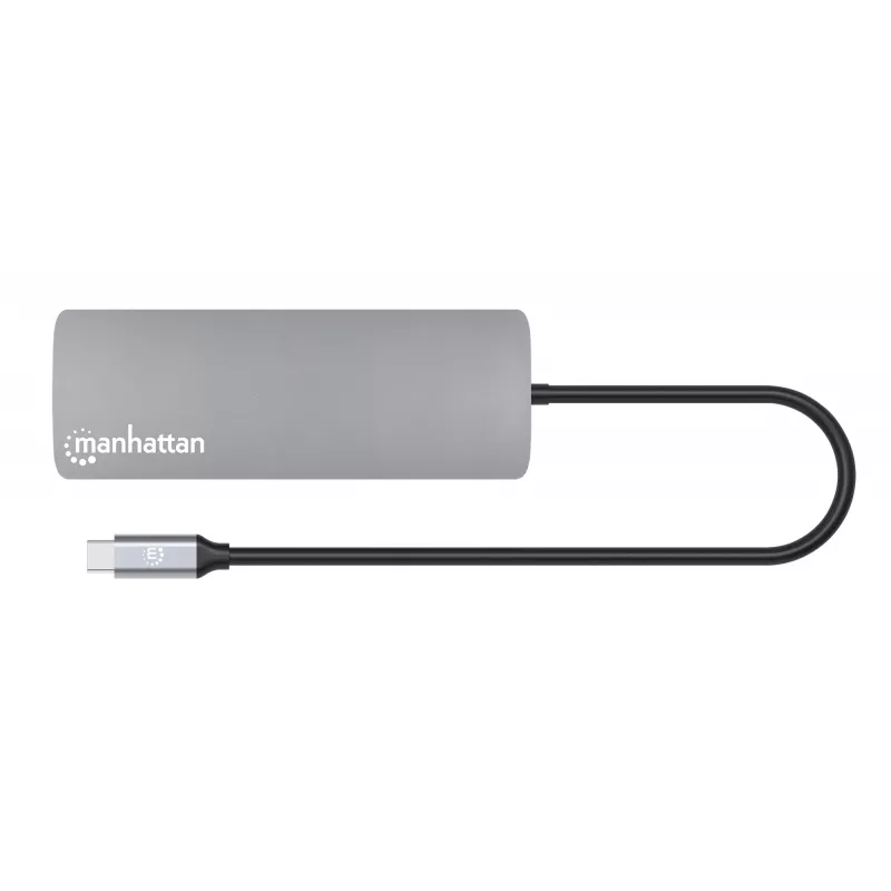 Dock/hub USB-C Manhattan con lettore di schede, porte (x7): Ethernet, HDMI, USB-A (x3) e USB-C (x2), con Power Delivery (PD) 100 W – richiede caricabatterie USB-C esterno (non incluso). Alimentato via USB (nessun alimentatore esterno necessario) quando PD non è utilizzato.