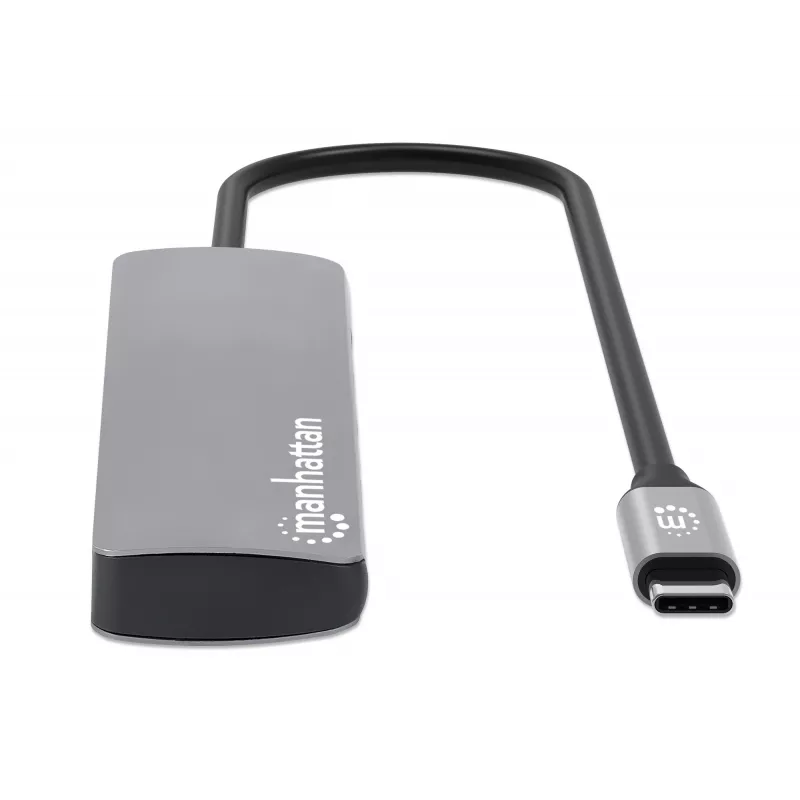 Dock/hub USB-C Manhattan con lettore di schede, porte (x7): Ethernet, HDMI, USB-A (x3) e USB-C (x2), con Power Delivery (PD) 100 W – richiede caricabatterie USB-C esterno (non incluso). Alimentato via USB (nessun alimentatore esterno necessario) quando PD non è utilizzato.