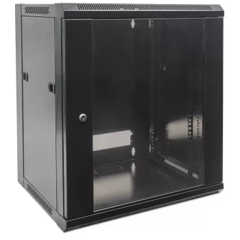Armadio di rete Intellinet 19 pollici - montaggio a parete (standard), 15U, profondità 450mm, nero, imballo piatto, max. 60kg, porta in metallo e vetro, pannello posteriore, pareti laterali rimovibili, adatto anche per l'uso su scrivania o pavimento, profondità utile da 260mm a 350mm, T