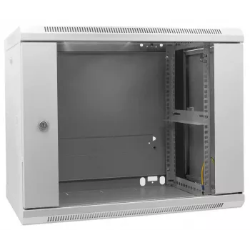 Armadio di rete Intellinet 19 pollici – montaggio a parete (standard), 9U, profondità 600 mm, grigio, montato, max. 60 kg, adatto anche per posizionamento su tavolo o pavimento, profondità utile 500 mm, porta in metallo e vetro, pannello posteriore, pareti laterali rimovibili, parti per il montaggio a parete (ad es. viti/tasselli) non incluse