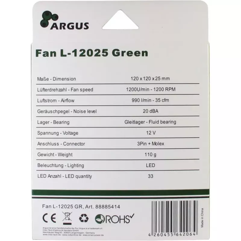 Ventola Inter-Tech L-12025 ventola per case PC 12 cm nero verde