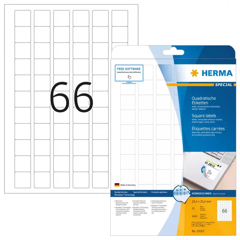 Etichette adesive HERMA Removable A4 25,4x25,4 mm 1650 pz.