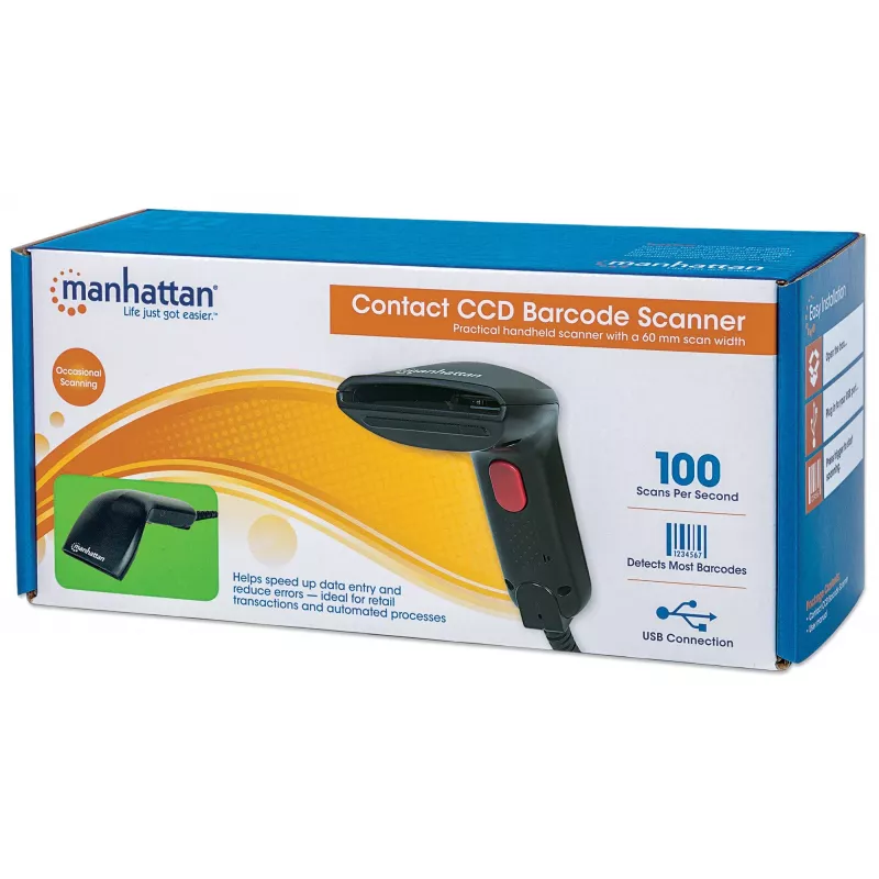 Manhattan Lettore di codici a barre palmare Contact CCD, USB, larghezza di scansione 60 mm, cavo 152 cm, luce ambientale max 5.000 lux (luce solare), nero, tre anni di garanzia