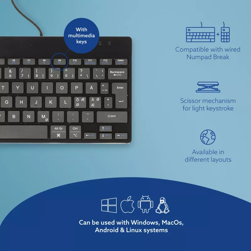 Tastiera ergonomica R-Go Tools R-Go Compact Break, tastiera compatta con software per pause, QWERTY (NORDIC), con filo, nero