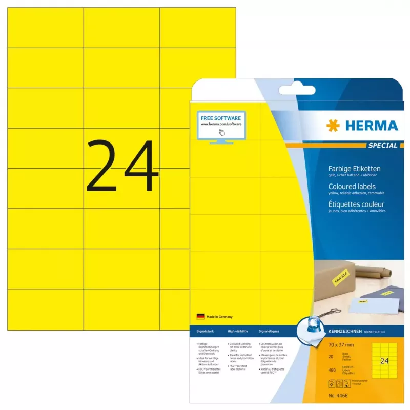 Etichetta adesiva per stampante HERMA etichette colorate A4 70x37 mm giallo