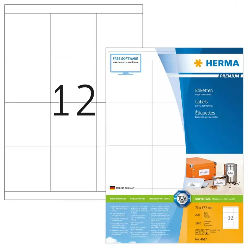 Etichetta per stampante adesiva HERMA Labels Premium A4 70x67.7 mm